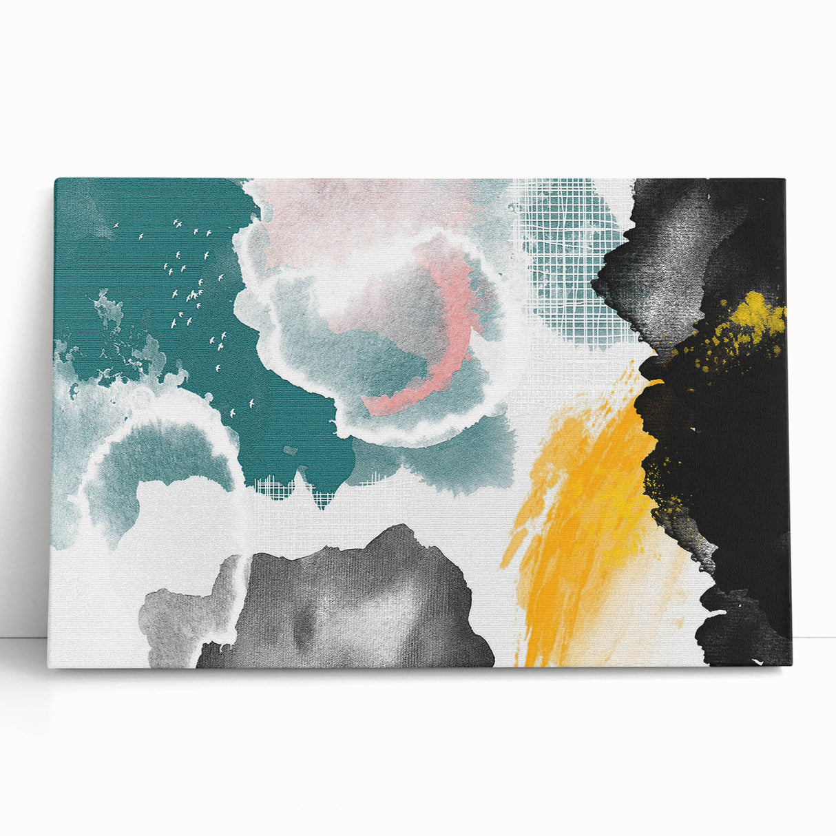 Abstract canvas wall art with colorful strokes and lines, showcasing a modern design. The artwork features vibrant hues of blue, pink, and yellow, perfect for contemporary home decor. This piece adds a stylish touch to any living space, creating a focal point that enhances the atmosphere.