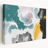 Stretched canvas art displaying an abstract design of colorful strokes and lines, showcasing vibrant hues of blue, red, and yellow, ideal for modern decor.