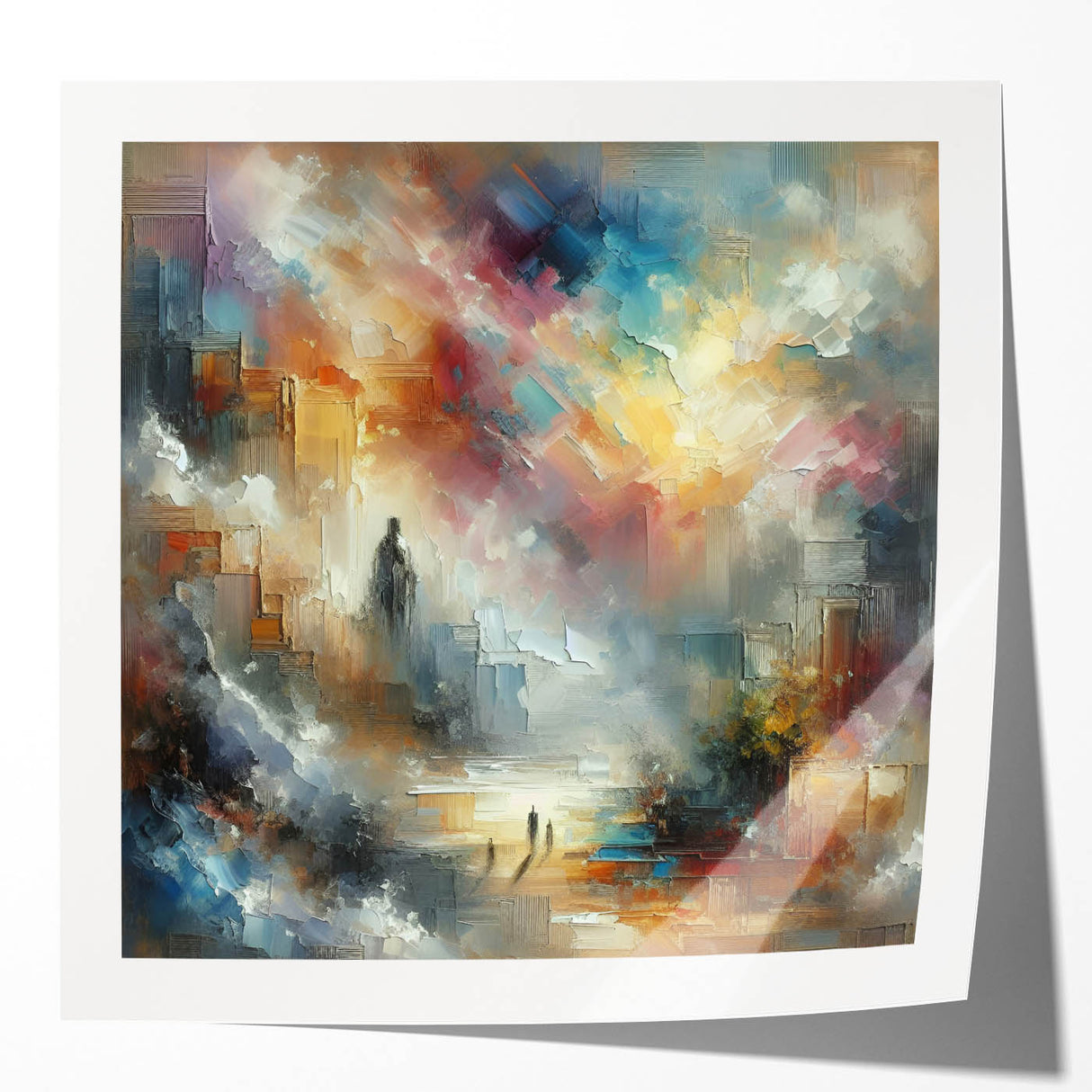 Abstract wall art print showcasing vibrant strokes and lines in a mix of blue, yellow, and red colors, perfect for modern home decor or gallery displays.
