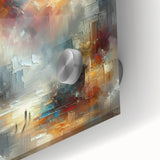 Close-up of an abstract wall art piece showcasing vibrant strokes and lines in shades of blue, green, and gold, designed for modern home decor.