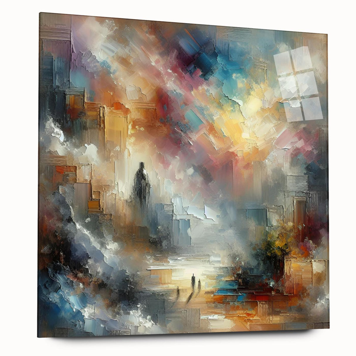 Abstract wall art design featuring vibrant strokes and lines in a modern aesthetic, presented in a side view on acrylic glass, ideal for contemporary decor.