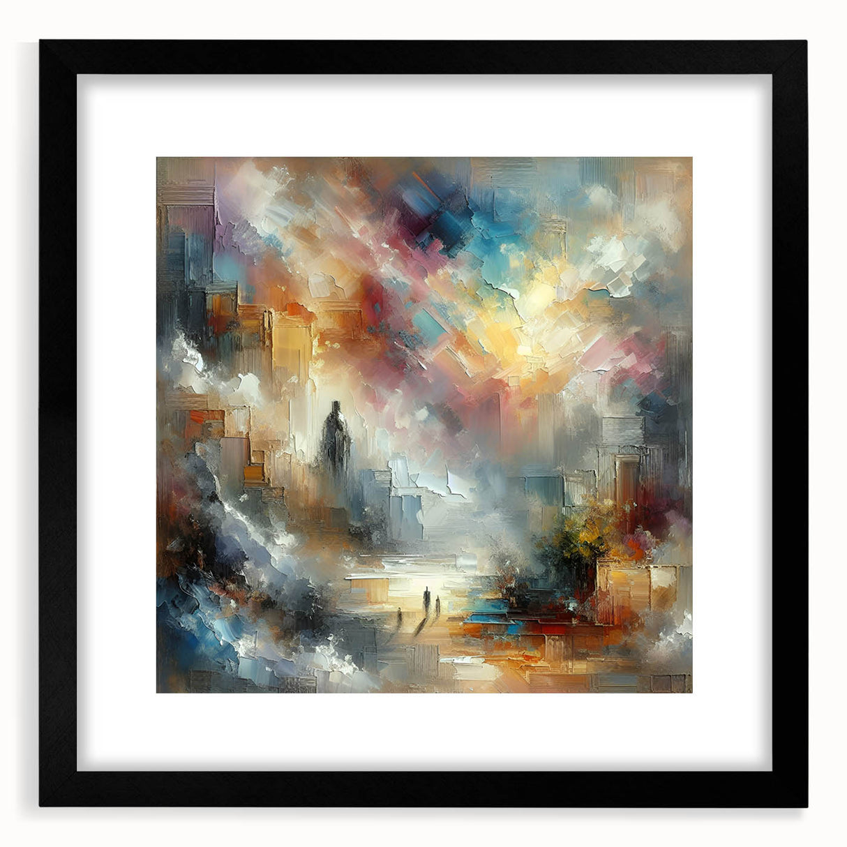 Abstract wall art featuring colorful strokes and lines in a modern design, framed with a sleek black mat, ideal for contemporary home decor.