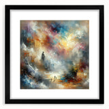 Abstract wall art featuring colorful strokes and lines in a modern design, framed with a sleek black mat, ideal for contemporary home decor.