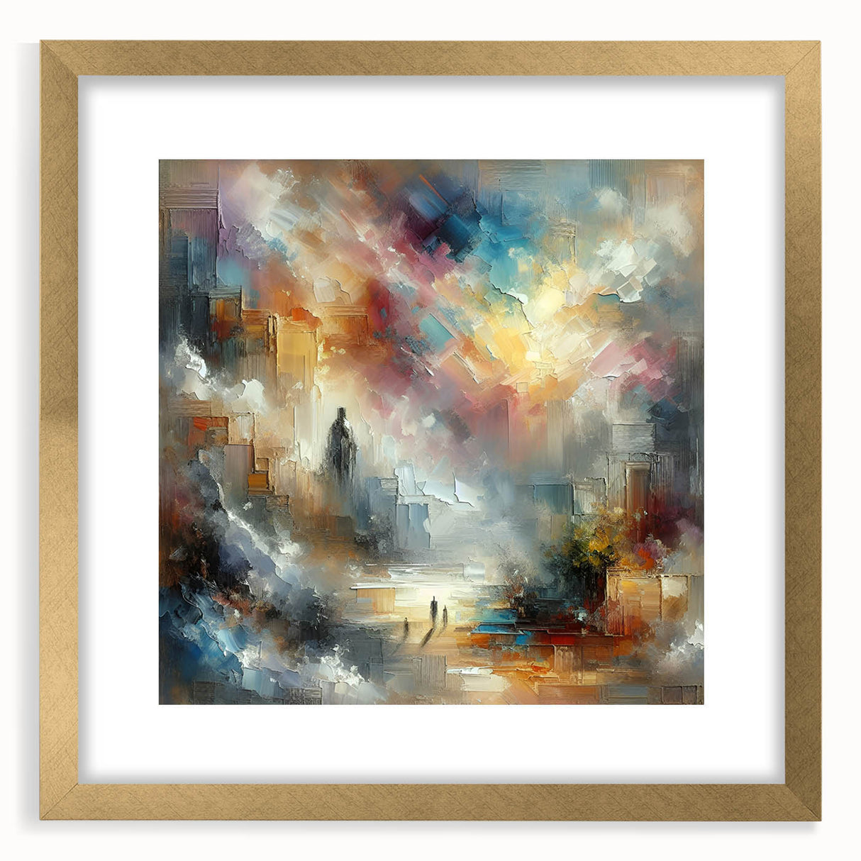 Gold-framed wall art featuring an abstract design of colorful strokes and lines, ideal for modern home decor, showcasing vibrant hues and a sophisticated aesthetic.