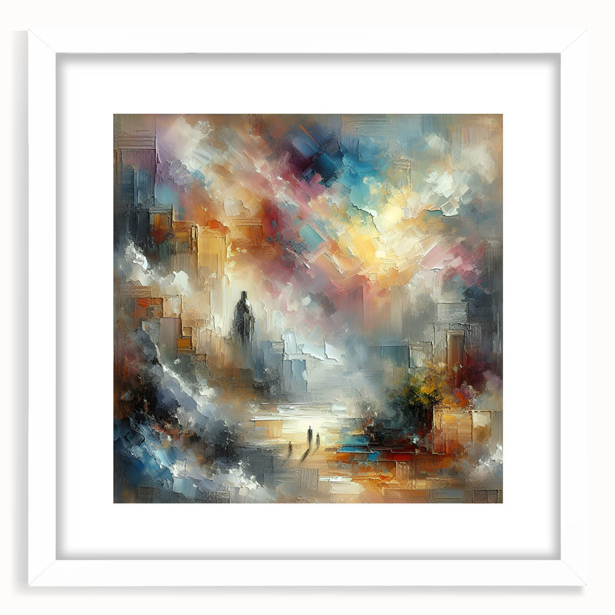 Abstract wall art featuring strokes and lines in neutral tones, framed with a white mat. Ideal for contemporary home decor, adding a modern touch to any space.