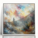 Framed acrylic wall art showcasing an abstract design of colorful strokes and lines, set against a white background, perfect for modern home decor.