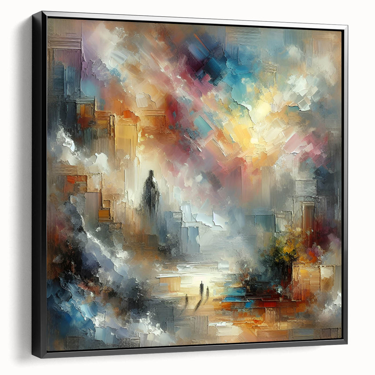 Framed canvas wall art showcasing an abstract design with bold strokes and lines in black and white, ideal for modern decor. Side view highlights the sleek frame.