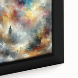 Close-up of a framed canvas featuring an abstract design of colorful strokes and lines, showcasing vibrant hues of blue, orange, and yellow, perfect for modern home decor.