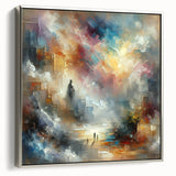 Framed abstract wall art design showcasing vibrant strokes and lines in various colors, highlighting a sleek silver frame, perfect for modern decor.