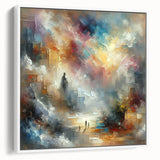 Framed canvas wall art showcasing an abstract design of colorful strokes and lines against a white background, enhancing modern decor aesthetics.