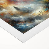 Abstract design featuring vibrant strokes and lines in shades of blue, orange, and gold on rolled canvas, ideal for modern home décor and artistic interiors. This unique wall art piece adds a contemporary touch to any space, enhancing visual interest and creativity.