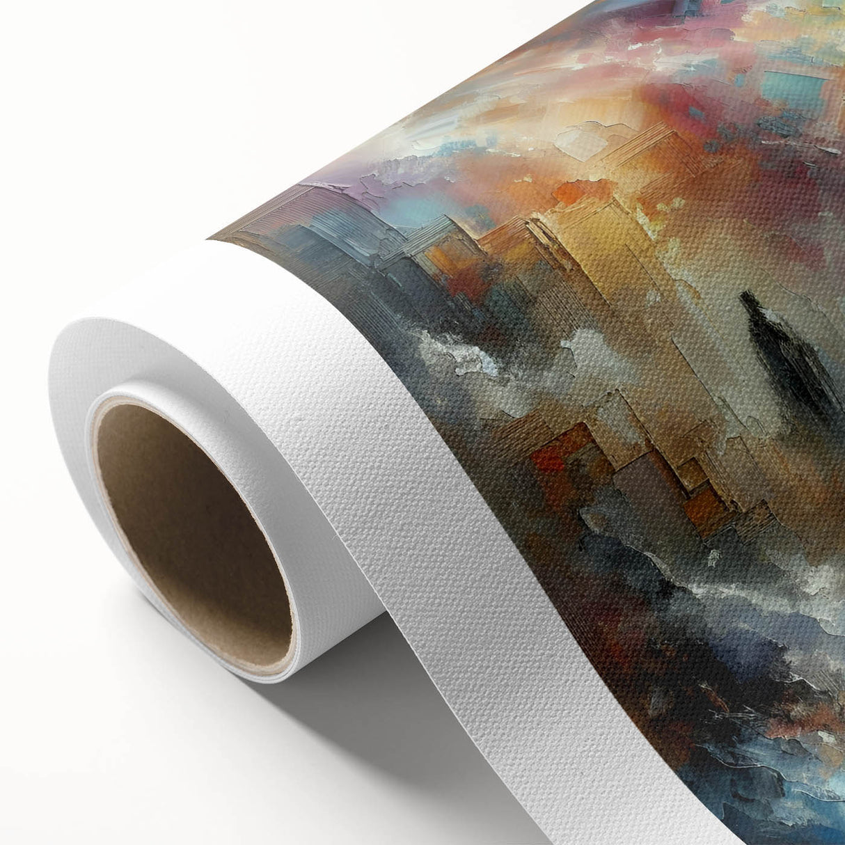 Abstract wall art featuring vibrant strokes and lines in shades of blue, orange, and gold, perfect for modern decor. Ideal for enhancing contemporary spaces.