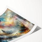 Abstract wall art print showcasing vibrant strokes and lines in shades of blue, orange, and yellow, designed for modern home decor. Perfect for adding a pop of color to any space.