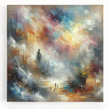 Abstract wall art design showcasing vibrant strokes and lines in bold colors, elegantly presented on a stretched canvas, ideal for modern home décor.