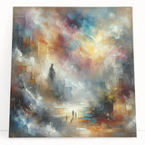 Abstract wall art featuring vibrant strokes and lines in shades of blue, yellow, and orange, stretched on canvas, leaning against a neutral background, perfect for modern decor.