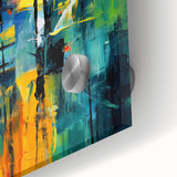 Close-up of a vibrant abstract wall art piece featuring colorful strokes and lines, showcasing a modern design suitable for home decor. Ideal for adding a contemporary touch to any living space.