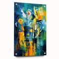 Abstract wall art design showcasing colorful strokes and lines on acrylic glass, elegantly displayed from the side with mounting pins, perfect for modern decor.