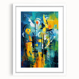 Abstract wall art featuring colorful strokes and lines in a modern design, framed with a white mat, showcasing a contemporary aesthetic for home decor.