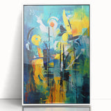 Framed wall art featuring an abstract design of colorful strokes and lines, set against a white background, ideal for modern home decor. This piece adds a vibrant touch to any room, perfect for art enthusiasts looking to enhance their interior aesthetic.