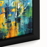 Close-up of a framed canvas featuring an abstract strokes and lines design in vibrant colors, ideal for modern home decor and art enthusiasts. The intricate details showcase a contemporary aesthetic, perfect for enhancing living spaces or offices.