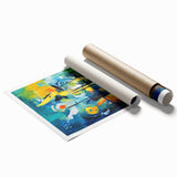 Abstract wall art print showcasing vibrant strokes and lines in shades of blue, orange, and yellow, perfect for modern home decor or office interiors. This high-quality rolled print adds a dynamic touch to any space, enhancing aesthetic appeal.