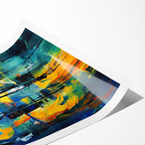 Abstract wall art print featuring vibrant strokes and lines in shades of blue, gold, and pink, designed to enhance modern interior decor and creativity. Ideal for stylish living spaces or art enthusiasts seeking a bold statement piece.