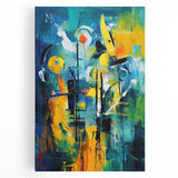 Abstract wall art featuring vibrant strokes and lines in bold colors, elegantly stretched on canvas, ideal for modern home decor and artistic interiors.