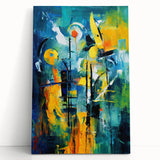 Abstract wall art featuring vibrant strokes and lines in shades of blue, orange, and yellow, printed on stretched canvas, perfect for modern home decor.