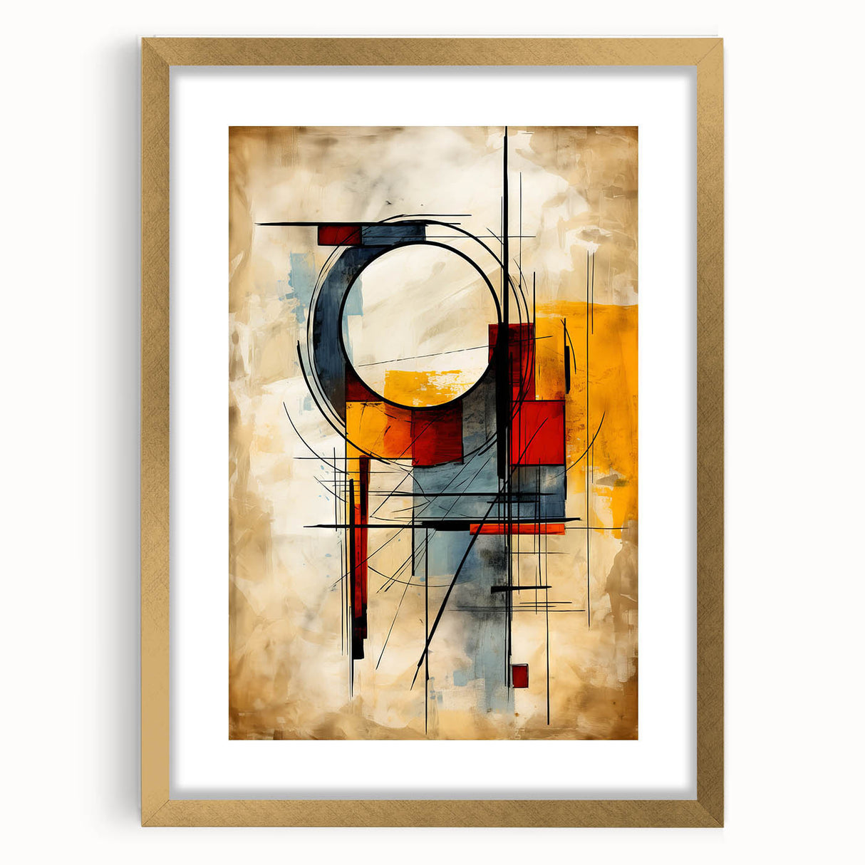 Abstract wall art featuring intricate strokes and lines in shades of gold and white, presented in a modern frame with a mat, perfect for contemporary decor.