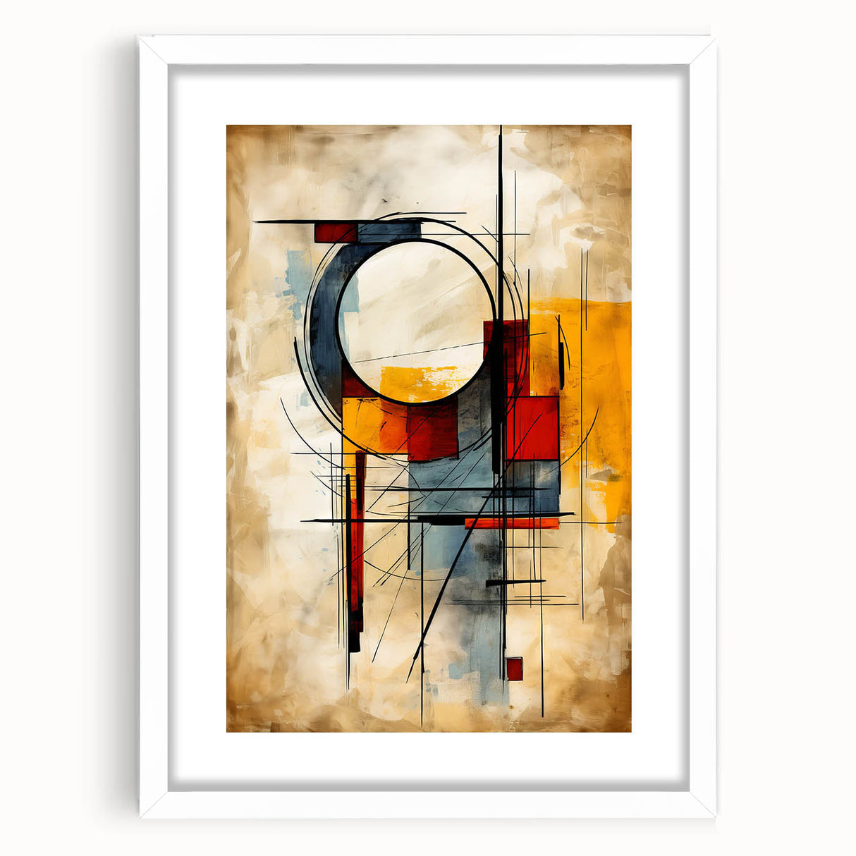 Abstract strokes and lines design wall art in a white frame with matting, showcasing a modern aesthetic suitable for contemporary home decor. The artwork features vibrant colors and dynamic patterns, perfect for enhancing any living space or gallery wall.