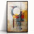 Framed acrylic wall art featuring an abstract design of colorful strokes and lines, presented in a sleek black frame, ideal for modern home decor.