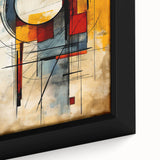 Close-up of a framed canvas wall art featuring an abstract design with colorful strokes and lines, ideal for modern home decor and artistic interiors.