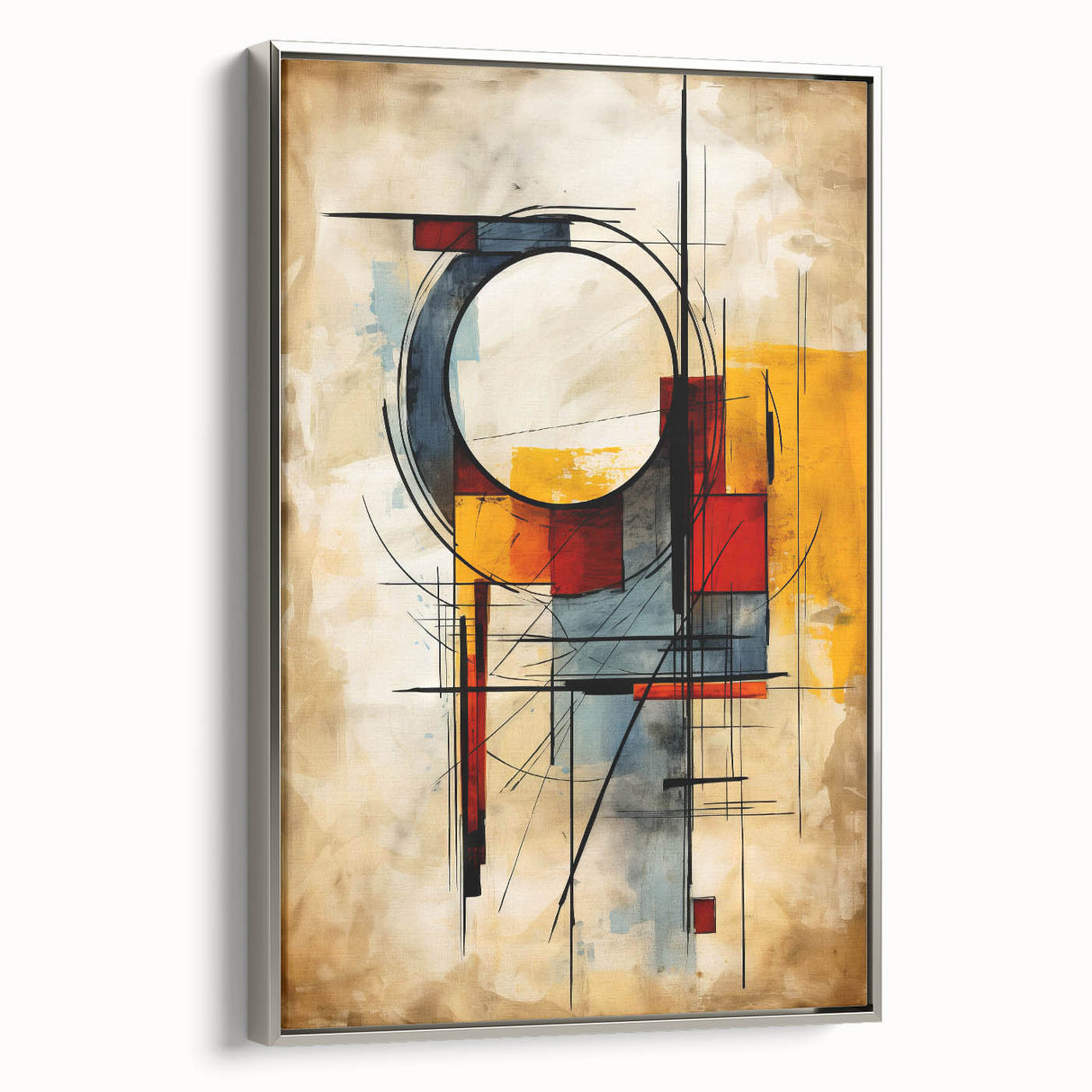 Framed canvas wall art showcasing an abstract design of colorful strokes and lines in silver tones, ideal for modern home decor and artistic interiors.