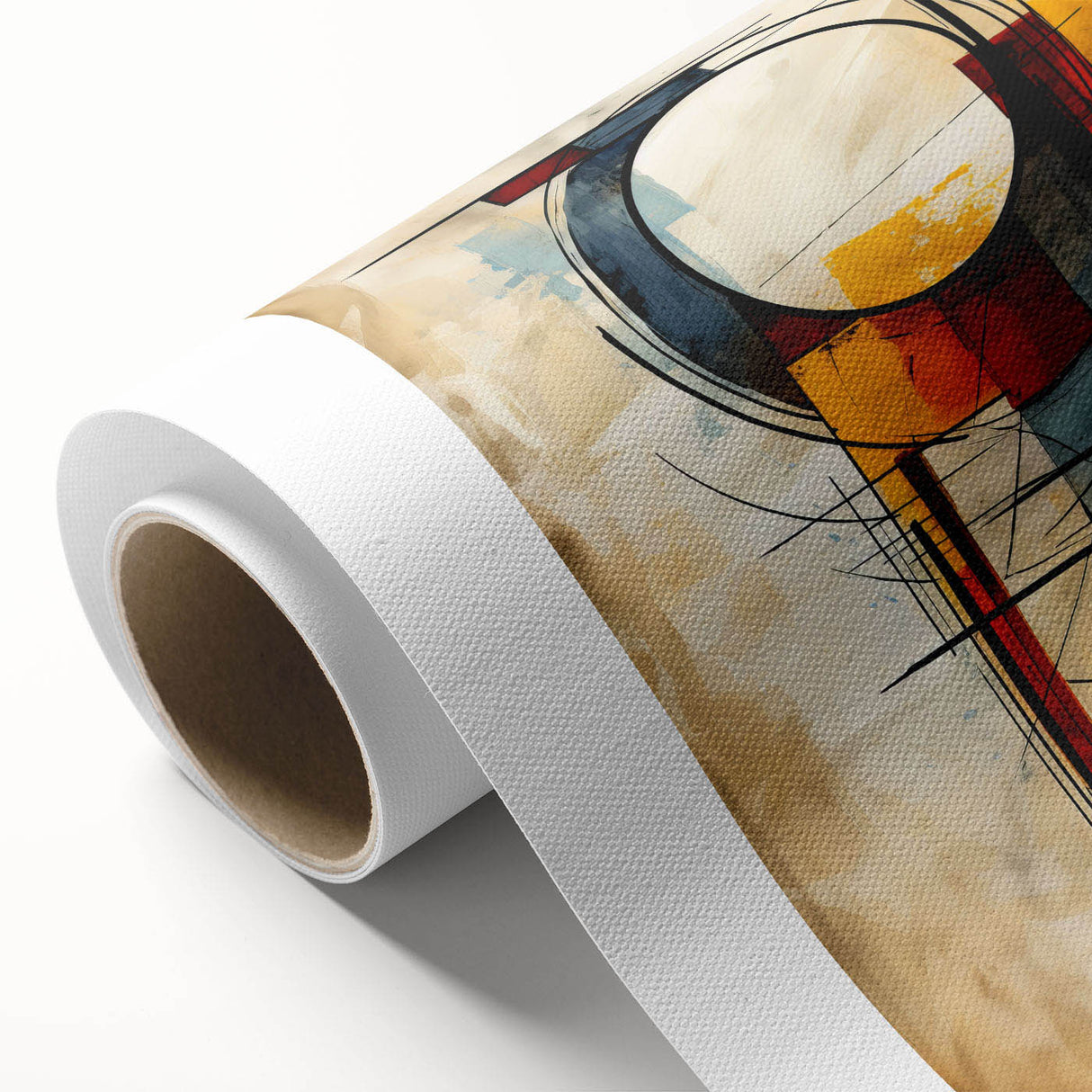 Abstract strokes and lines in vibrant colors create a modern wall art design on rolled canvas, perfect for contemporary home decor or office spaces.