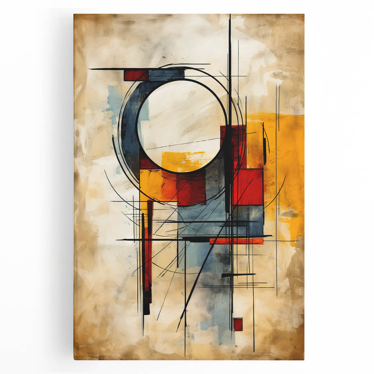 Stretched canvas art showcasing an abstract design with colorful strokes and lines, perfect for modern home decor. Ideal for enhancing living spaces and offices.
