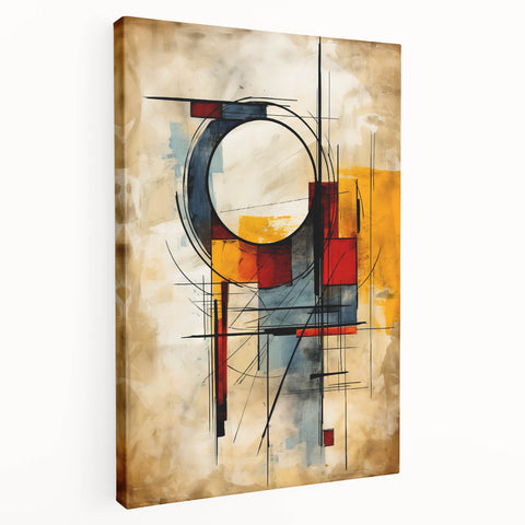 Abstract strokes and lines in vibrant colors create a modern wall art piece on stretched canvas. Side view showcases the texture and depth, perfect for contemporary decor.