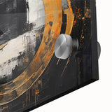 Close-up of an abstract wall art design featuring vibrant strokes and lines in shades of blue, orange, and yellow, ideal for modern interior decor.