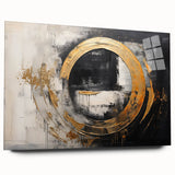 Abstract wall art design featuring vibrant strokes and lines in a mix of blue, gold, and white colors, displayed with acrylic glass framing for a modern touch.