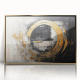 Framed wall art featuring an abstract design of gold strokes and lines on a white background, perfect for modern decor. Ideal for enhancing living spaces or offices.