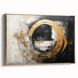 Framed canvas wall art featuring an abstract design of strokes and lines in gold tones, showcasing a modern and elegant aesthetic for home decor.