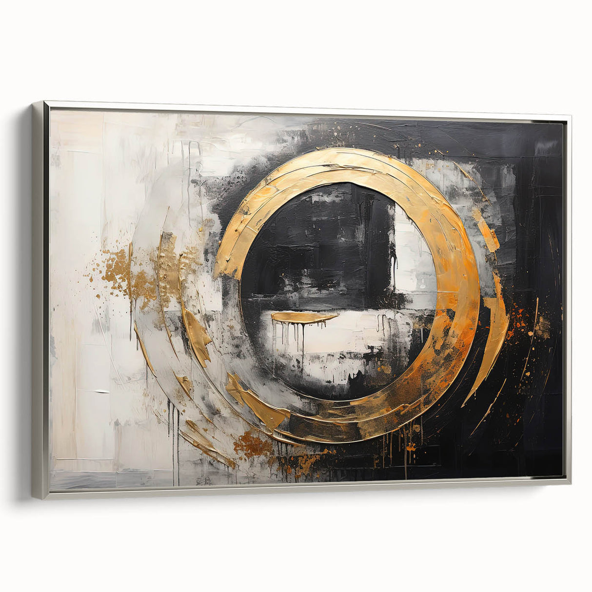 Framed canvas wall art featuring an abstract design of colorful strokes and lines, highlighted with a sleek silver frame, perfect for modern home decor.