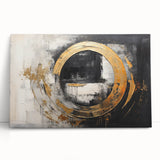 Abstract wall art featuring vibrant strokes and lines in hues of blue, pink, and gold, stretched on canvas and leaning against a textured wall, enhancing modern decor.