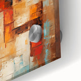 A close-up view of an abstract wall art piece featuring vibrant strokes and lines in blue, orange, and yellow, designed to enhance modern decor in living spaces.