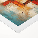 Abstract wall art featuring vibrant strokes and lines in hues of blue, orange, and gold, showcasing a modern design ideal for contemporary home decor.