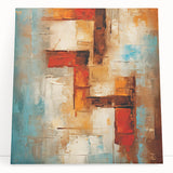 Abstract wall art featuring bold strokes and lines in vibrant colors, elegantly stretched on canvas, leaning against a neutral-toned wall, ideal for modern decor.