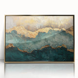 Framed acrylic wall art featuring an abstract design of gold strokes and lines, showcasing modern elegance with a sleek finish, perfect for contemporary decor.