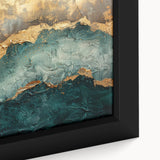 Framed abstract wall art showcasing vibrant strokes and lines in blue, gold, and white hues, perfect for modern decor or art enthusiasts. Close-up highlights the intricate texture and design details, adding elegance to any space.