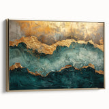 Framed abstract wall art featuring dynamic strokes and lines in gold and neutral tones, showcasing a modern design ideal for chic home decor.