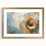 Abstract wall art featuring dynamic strokes and lines in shades of gold and neutral tones, framed elegantly with a mat, perfect for modern home decor.
