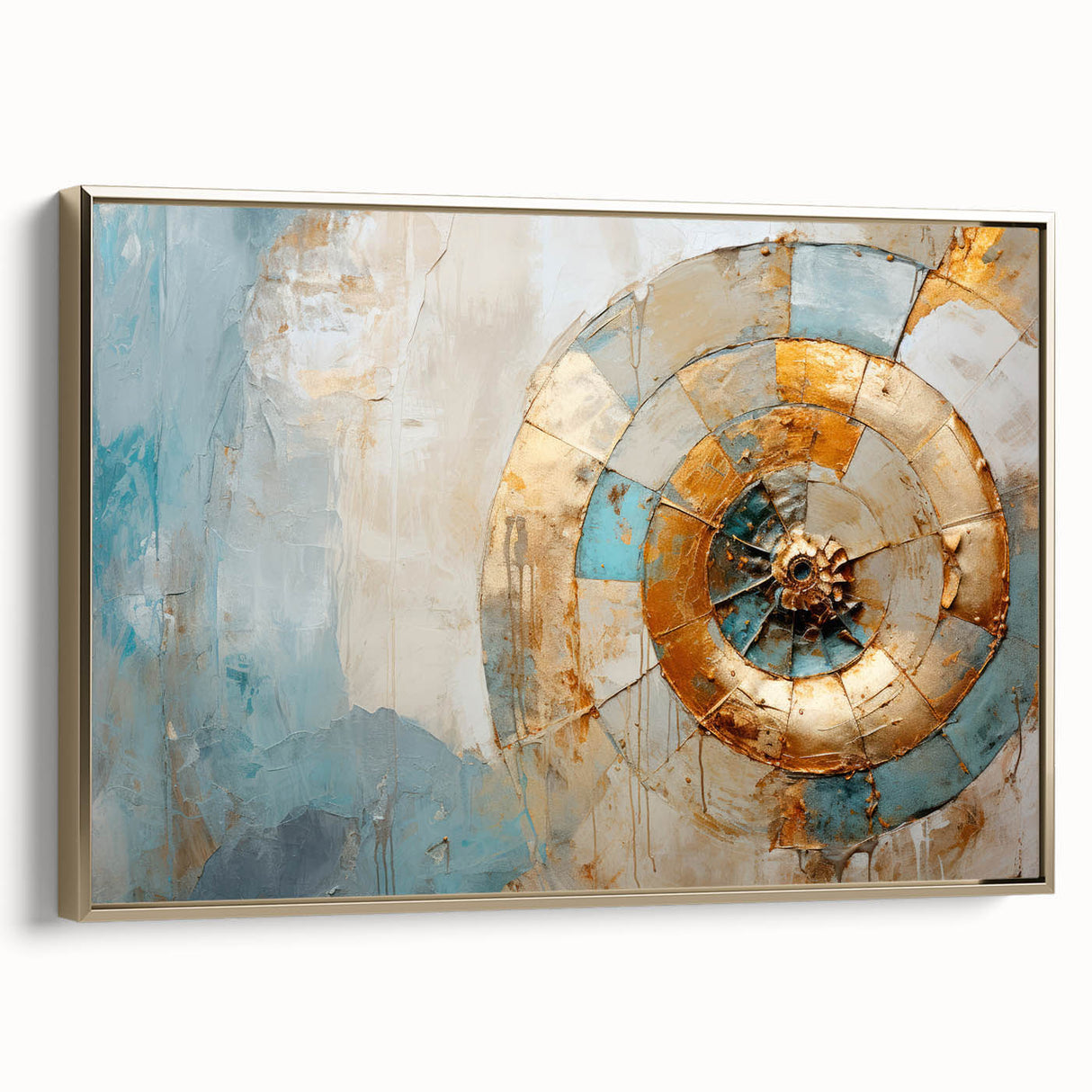 Framed canvas wall art showcasing an abstract design with gold strokes and lines, adding a touch of elegance to modern interiors, viewed from the side.